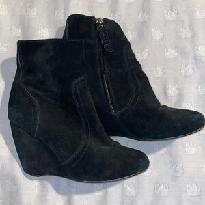 Joie black suede wedge boots, size 37.5EU or 7.5US. 3.5in heel.